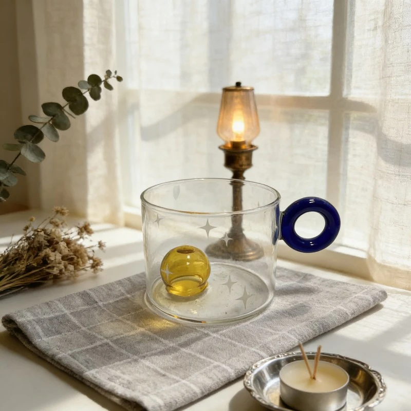 Floating Glass Ball Mug With Color Ring Handle
