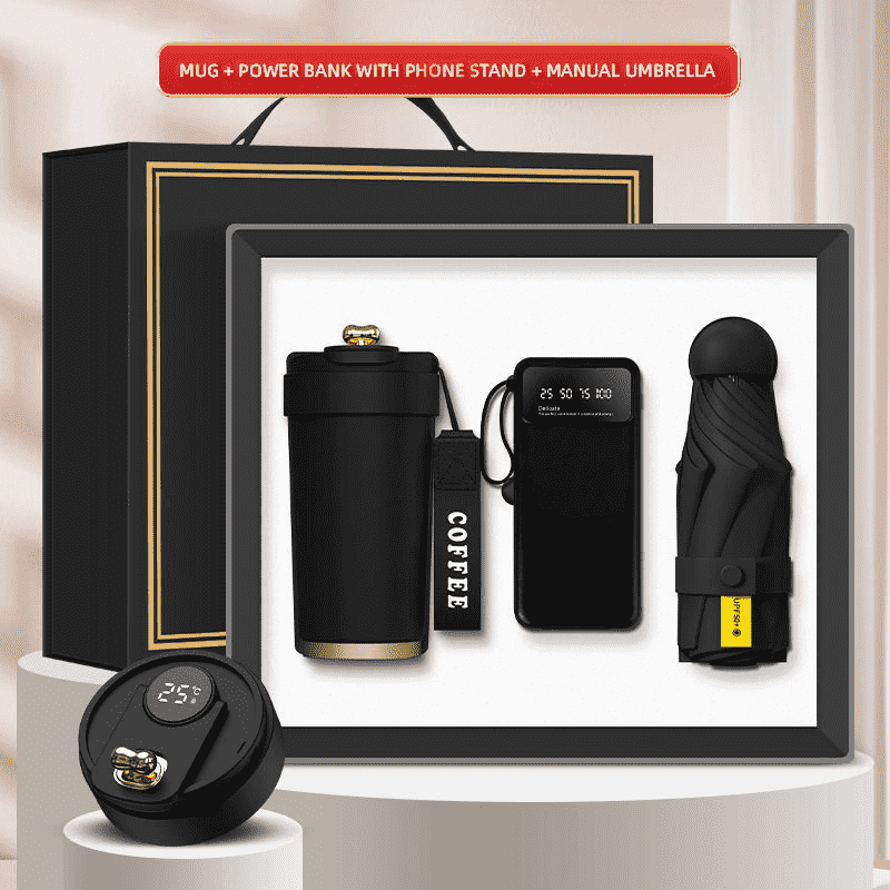 Lógó an Chustaim 3-in-1 Bosca Bronntanais Mug Power Bank Mini Umbrella